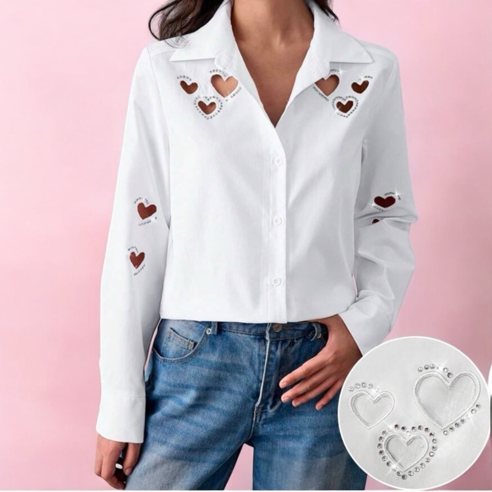 Heart Cutout rhinestone embellishments blouse button down shirt S alice + olivia